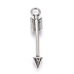 Antique Silver 304 Stainless Steel Pendants, Arrow, Antique Silver, 44x8x3mm, Hole: 5mm