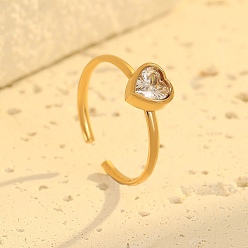 Сердце 304 регулируемые манжеты из нержавеющей стали с прозрачным кубическим цирконием для женщин, золотые, сердце, Сердце: 7x6.5 mm, внутренний диаметр: регулируемый