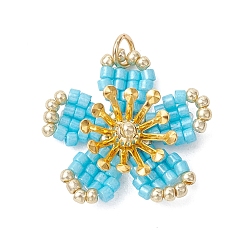 Небесно-голубой Стеклянные подвески из бисера, цветочный шарм, с железным и 304 соединительным кольцом из нержавеющей стали, голубой, 22.5x22x6 мм, отверстие : 3.5 мм