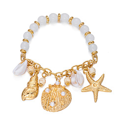 White Ocean Alloy Enamel Starfish Shell Shape Multi Charm Round Plastic Beaded Stretch Bracelets for Women, Golden, White, 7.09 inch(18cm)