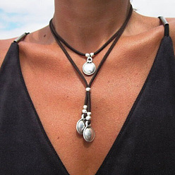 Античное Серебро Овальные с плоскими круглыми ожерельями из сплава с искусственным кожаным шнуром, античное серебро, 21.06 дюйм (53.5 см)