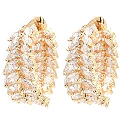 Light Gold Серьги-кольца из латуни с микропаве из кубического циркония, лист, золотой свет, 22.5x9.5 мм