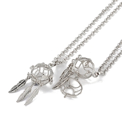 Platinum Brass Pendant Necklaces, Iron Rolo Chains, Woven Net/Web with Feather, Platinum, 32.05 inch(814mm)