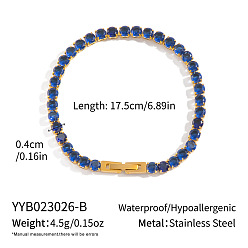 Blue 4MM 304 Stainless Steel Pave Cubic Zirconia Tennis Bracelets for Women, Real 18K Gold Plated, Blue, 6.89 inch(17.5cm)