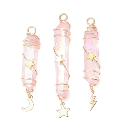 Pink 3 шт. 3 стили гальванизированные подвески из натурального кварцевого кристалла с заостренными концами из медной проволоки, с латунью и 304 нержавеющей сталью звезда молния луна, золотые, розовые, 44.5~54x10~11x11~13 мм, отверстие : 4 мм, 1 шт / стиль