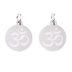 Нержавеющая Сталь Цвет Не тускнеющая чакра 201 подвески из нержавеющей стали, с прыжковых колец, плоский круглый с символом ом, цвет нержавеющей стали, 14.5x12x1 мм, отверстие : 3 мм