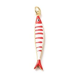 Red Brass with Enamel Pendants, Fish with Stripe Charms, Rack Plating, Long-Lasting Plated, Lead Free & Cadmium Free, Real 18K Gold Plated, Red, 44x7x4mm, Hole: 3.5mm