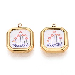 Сланцево-синий Печатный стиль 304 квадрат из нержавеющей стали с подвесками в виде цветов, ионное покрытие (ip), синевато-серый, 18x15.5x4 мм, отверстие : 1.5~1.6 мм