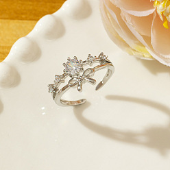 Bowknot Brass Micro Pave Cubic Zirconia Cuff Open Rings for Women, Platinum, Bowknot, 15~20mm