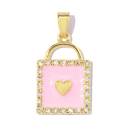 Pink Латунные микропаве прозрачные подвески с фианитом, с эмалью, ионное покрытие (ip), квадрат с подвесками в виде сердечек, ручная полировка, реальный 18 k позолоченный, розовые, 22x12 мм, отверстие : 3.1 мм