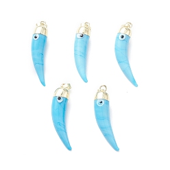 Темно-Голубой Ручной зла подвески бусины глаз, с реечным покрытием латунной фурнитурой цвета светлого золота, долговечный, без свинца и без кадмия, рог очарование, глубокое синее небо, 43~46x9~11x10~11 мм, отверстие : 7x4 мм