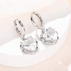 Прозрачный Серьги-кольца в форме сердца из латуни и стекла ко Дню святого Валентина, без свинца и без кадмия, долговечный, стойки покрытие, платина, прозрачные, 28x12.5 мм