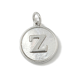 Letter Z Латунный паве натуральный ракушка плоский круглый с буквенными подвесками, платина, долговечный, без свинца и без кадмия, стойки покрытие, цвет морской раковины, Письмо Z, 15x13x2 мм, отверстие : 3 мм