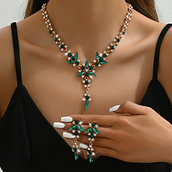 Изумруд Ожерелья с подвесками и серьги-гвоздики из латуни с цветочным узором и стразами, золотые, изумруд, 420 мм
