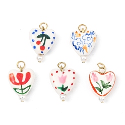(52) Непрозрачная лаванда Подвески ручной работы из фарфора и нержавеющей стали, Подвески в виде сердца с цветочным/вишневым узором, с целью перехода в кольце, золотые, разноцветные, 304 мм, отверстие : 20x15x6.5 мм, о 3 шт / комплект