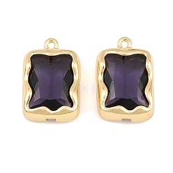 Indigo Brass Glass Pendants, Rectangle Charms, Faceted, Golden, Indigo, 19x13x5mm, Hole: 1.4mm