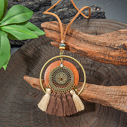 Плоский Круглый Богемный сплав и дерево подвеска кисточка искусственная кожа шнур длинные ожерелья для женщин, античная бронза, Перу, плоско-круглые, 15.75 дюйм (40 см)