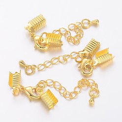 Golden Brass Chain Extender, with Clasp & Clip Ends Set, Lobster Claw Clasp and Cord Crimp, Nickel Free, Golden, Chain: 50x3.5mm, Hole: 1.5mm, Clasp: 12x7.5x3mm, Cord Crimp: 13x5mm