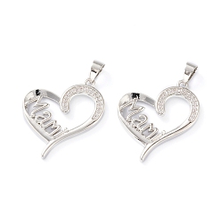 Платинированный Латунные микропаве прозрачные подвески с фианитом, долговечный, день матери, сердце со словом мам, платина, 26x22x3 мм, отверстие : 4x3 мм