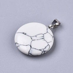 Синтетическая Бирюза Синтетические бирюзовые подвески, с латунными дужками платинового цвета, плоско-круглые, 22~25x19~21x5~7 мм, отверстие : 3x6 мм