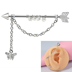 Бабочка 304 Двойные серьги-подвески из нержавеющей стали с кубическим цирконием для пирсинга хряща, цвет нержавеющей стали, бабочка, 38 мм, штифты : 1.6 мм, Руководитель: 5 mm