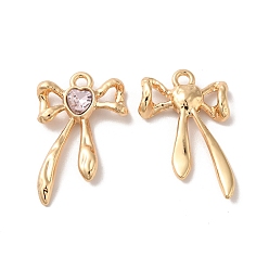 Pink Наберешь металлизации сплава шармов, со стеклом, без никеля , бант с сердечками, золотые, розовые, 25x16x3.5 мм, отверстие : 1.8 мм