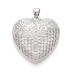 Платина Латунные микропаве прозрачные подвески с фианитом, без кадмия и без свинца, сердце, платина, 26x25.5x8 мм, отверстие : 5x3.5 мм