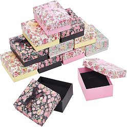 Mixed Color Flower Pattern Cardboard Jewelry Packaging Box, 2 Slot, For Ring Earrings, with Ribbon Bowknot and Black Sponge, Rectangle, Mixed Color, 9x7x3cm, 4 colors, 4pcs/color, 16pcs