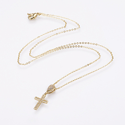 Real 18K Gold Plated Brass Micro Pave Cubic Zirconia Pendant Necklaces, with Brass Cable Chains, Real 18K Gold Plated, Cross, 17.7 inch(45cm)