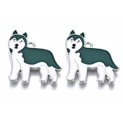 Темно-Зеленый Подвески для собак из эмалированного сплава, без свинца, без никеля и без кадмия, платина, хаски, темно-зеленый, 25x23x2 мм, отверстие : 1.8 мм