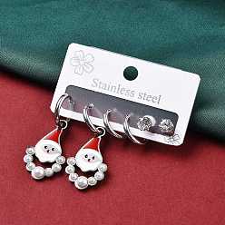 Нержавеющая Сталь Цвет 3 пары 3 стили рождество 304 наборы из сережек-колец и гвоздиков из нержавеющей стали для женщин, с эмалью, кубическим цирконием, искусственным жемчугом и стразами, цвет нержавеющей стали, 14~38x2~16 мм, 1 пара / стиль