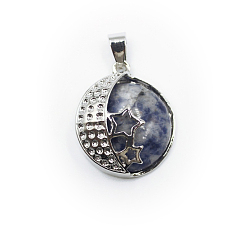 (306FM) Жонкиль матовый с лаймовой подкладкой Натуральные синие пятна яшмы подвески, луна со звездными чарами, с фурнитурой сплавочной платины тон, 31x22 мм