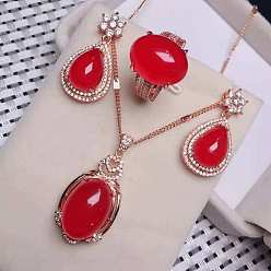 Красный 925 ожерелья, серьги и кольца из стерлингового серебра с микропаве из прозрачных кубических цирконий и натуральным халцедоном, платина, овальные, красные, 400 мм