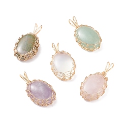 Mixed Stone Natural & Synthetic Gemstone Pendants, with Light Gold Tone Copper Wire Wrapped, Oval, 38~40x19~20x7~9mm, Hole: 9x4mm