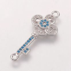 Platinum Brass Micro Pave Cubic Zirconia Links, Key, Platinum, 30x13x2.5mm, Hole: 2mm