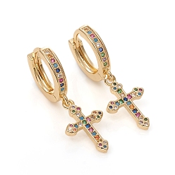 Golden Brass Micro Pave Cubic Zirconia Huggie Hoop Earrings, Long-Lasting Plated, Cross, Colorful, Golden, 33mm, Pin: 1mm