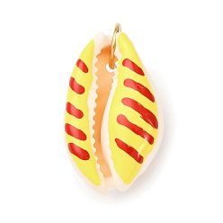 Желтый Кулоны с натуральными ракушками каури с принтом, подвески в форме ракушки с эмалью и 304 соединительными кольцами из нержавеющей стали, без кадмия, без никеля и без свинца, золотые, желтые, 23~28x16~20x12~14 мм, отверстие : 6 мм