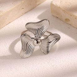 Stainless Steel Color 304 Stainless Steel Open Cuff Rings for Women, Flower, Stainless Steel Color, Inner Diameter: 17.4mm
