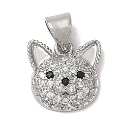 Platinum Rack Plating Brass Pendants, with Cubic Zirconia, Lead Free & Cadmium Free, Cat Shape, Platinum, 11.5x11.5x4mm, Hole: 3.5x4mm