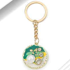 Зеленый Брелки со стразами из сплава, Эмаль стиле, украшения для сумок и кошельков, плоско-круглые, зелёные, 9.5x3.5 см