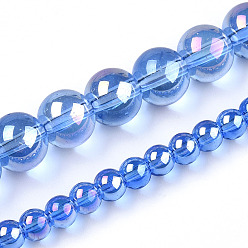 Royal Blue Electroplate Transparent Glass Beads Strands, AB Color Plated, Round, Royal Blue, 8~8.5mm, Hole: 1.5mm, about 51~53pcs/strand, 14.96 inch~15.55 inch(38~39.7cm)