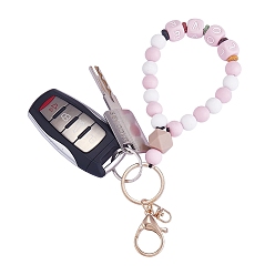Pink Silicone Round Beaded Keychain Wristlet, Letter Love Natural Lava Rock Beads Keychain, with Alloy Keychain Clasps Finding, Pink, 20.08cm