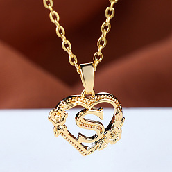 Letter S Цепочка из латуни с подвеской в виде сердца в форме розы и буквы, золотые, Письмо с, 17.72 дюйм (45 см)