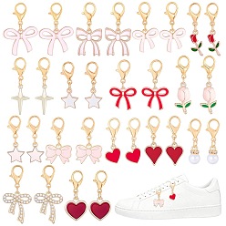 Couleur Mélangete 30pcs 15 styles breloques de chaussures en alliage émail, strass et résine perle, avec fermoir pince de homard, or, nœud papillon/cœur/étoile, couleur mixte, 30~39mm, 2 pcs / style