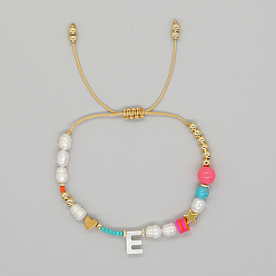 Letter E Initial Letter Natural Pearl Braided Bead Bracelet, Adjustable Bracelet, Letter E, 11 inch(28cm)