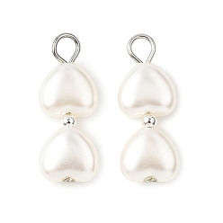 Платина Абс пластмассовые жемчужные подвески, Двойное сердце, с железом, платина, 27x10.5x5 мм, отверстие : 3.5 мм