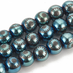 Green Plated Electroplate Non-magnetic Synthetic Hematite Beads Strands, Round with Flower, Green Plated, 9.5~10x10~11mm, Hole: 1.5mm, about 40pcs/strand, 15.7 inch