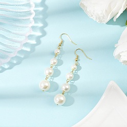 Золотой Стеклянные под жемчуг болтаться серьги, с 304 нержавеющей стали серьги крючки, круглые, золотые, 69x12 мм