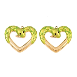 Зелено-Желтый 304 из нержавеющей стали горный хрусталь подвески, сердце со змеиными чарами, с эмалью, золотые, зеленый желтый, 24x28.5x4.5 мм, отверстие : 1.6 мм