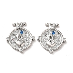 Платинированный Латунные микропаве прозрачные подвески с фианитом, без кадмия, без никеля и без свинца, плоские круглые с ангелом рисунком, Реальная платина, 23x20.5x4 мм, отверстие : 1 мм